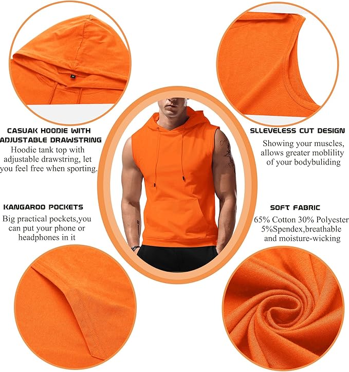 Babioboa Men's Workout Hooded Tank Tops Sleeveless Gym Hoodies Bodybuilding Muscle Cut Off T-Shirts