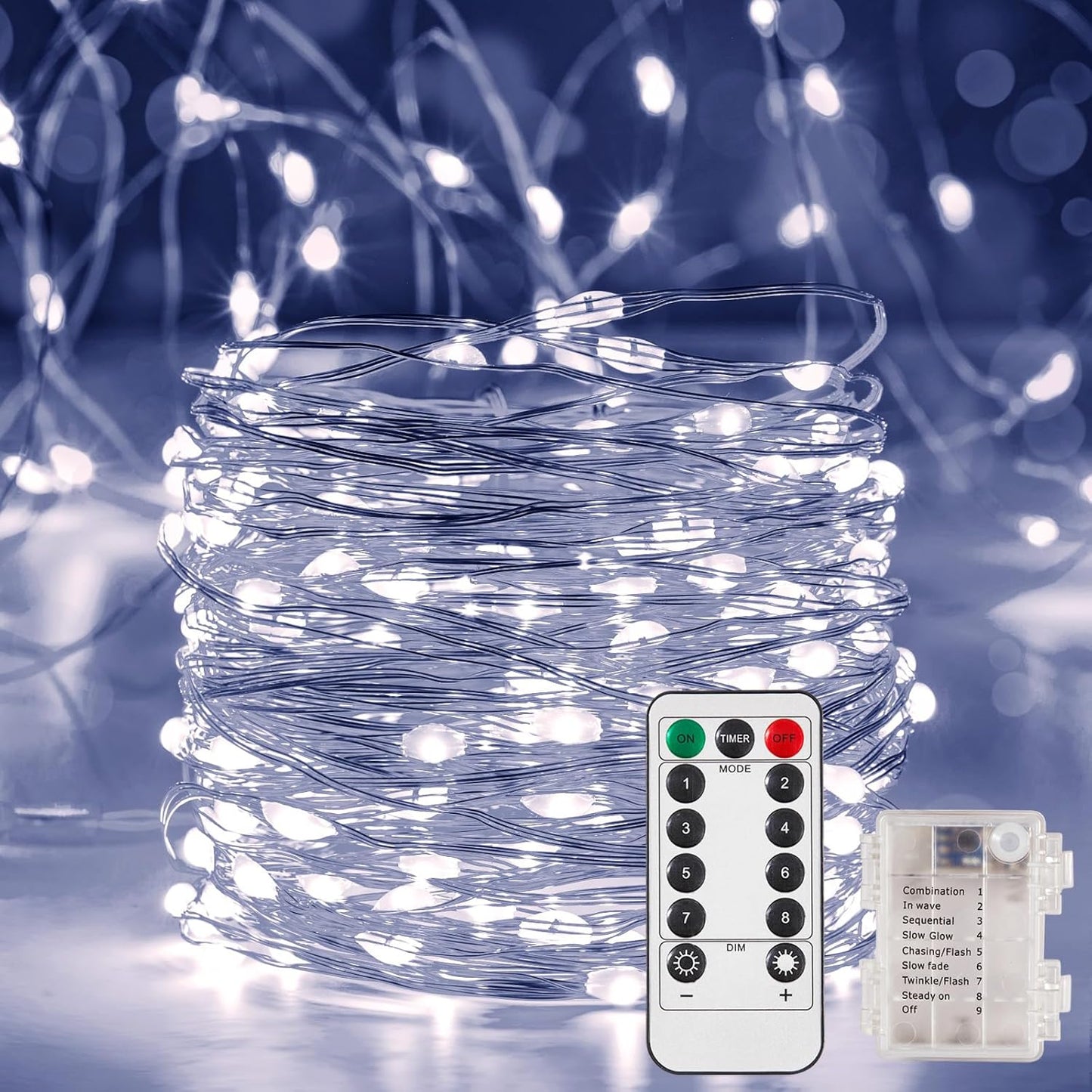 1 Pack 16.4 Ft. Battery Operated Outdoor String Lights with Remote & Timer, LED Cool White Fairy Lights, Waterproof Twinkle Lights for Bedroom, Dorm, Mason Jar, Wedding, Party, Christmas