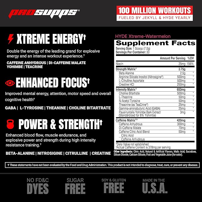 PROSUPPS Mr. Hyde Xtreme Pre Workout Powder with Creatine, Beta Alanine & Caffeine – Extreme Energy, Pumps, Focus & Performance - Fitness & Gym Supplements for Men & Women (Watermelon, 30 Servings)