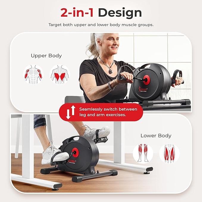 Sunny Health & Fitness Smart Mini Pedal Exerciser, Under Desk Bike/Elliptical for Home Workout & Cycle Cardio Training, Free SunnyFit App Link, Optional in Color, Mat/Workout Bands or Steel Stabilizer