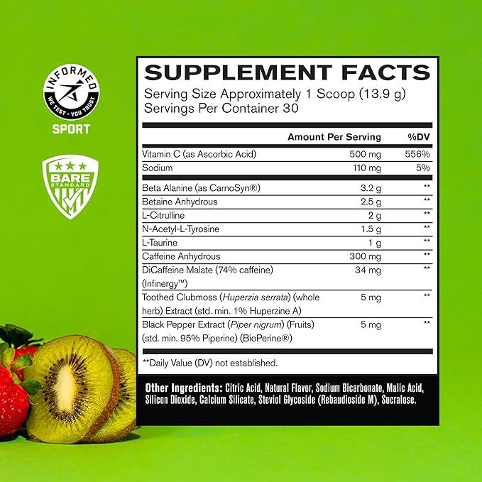 BARE PERFORMANCE NUTRITION BPN Flight Pre Workout, Supports Energy and Mental Focus, Improved Endurance & Muscle Pumps with CarnoSyn® Beta Alanine, Strawberry Kiwi, 30 Servings
