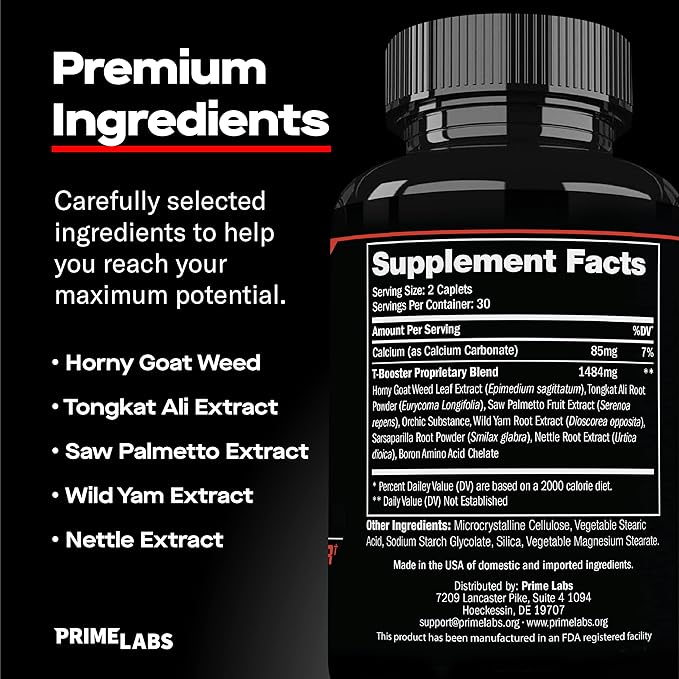 Prime Labs Men's Testosterone Booster - Stamina, Endurance, & Strength - 60 Caplets