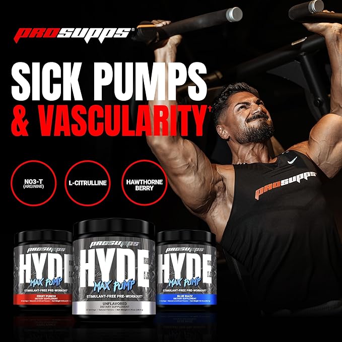 PROSUPPS Mr. Hyde Max Pump Pre Workout Powder - Stim-Free Preworkout Supports Blood Flow, Muscle Volume & Endurance - Caffeine-Free Nitric Oxide Gym & Fitness Supplements (Fruit Punch, 20 Servings)