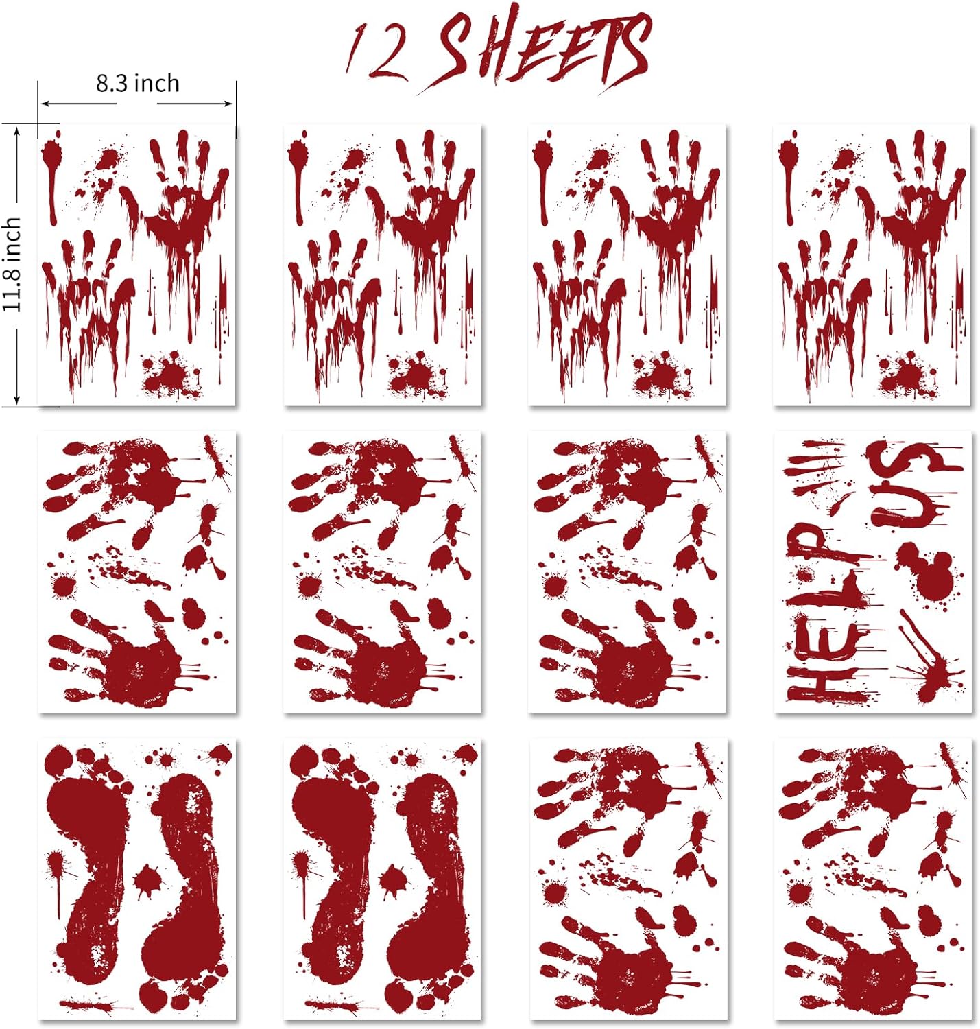 Halloween Window Clings Decorations, Bloody Handprint and Footprint Stickers, Scary Halloween Party Decor for Windows and Cars, Indoor/Outdoor Use - 12 Sheets