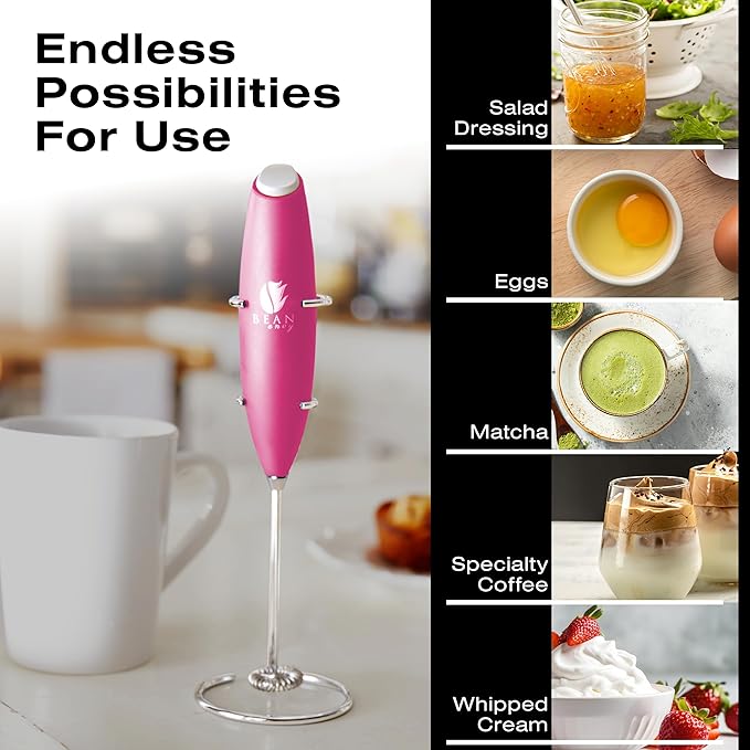 Bean Envy Milk Frother Handheld for Coffee - Electric Hand Blender, Mini Drink Mixer Whisk & Coffee Foamer Wand with Stand for Lattes, Cappuccino, Matcha and Hot Chocolate - Kitchen Gifts - Raspberry