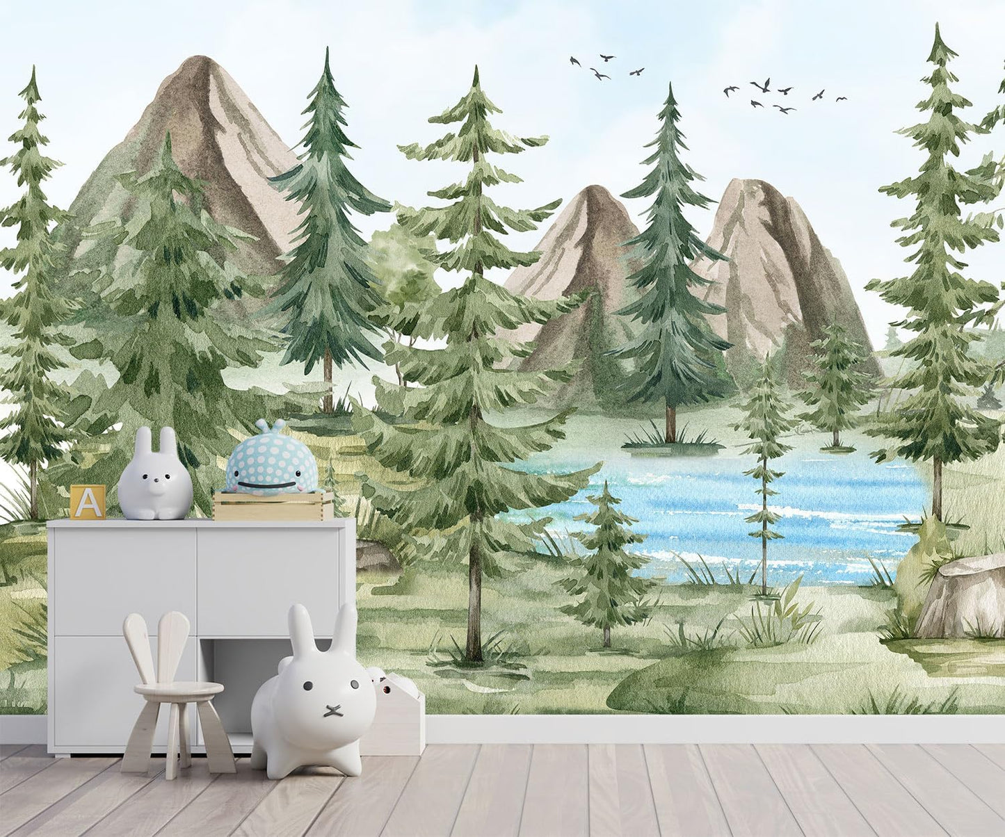 -Watercolor Green Pine Mural Cartoon Forest Fabric Wallpaper Children's Room 100" x 65"(Not Peel and Stick)
