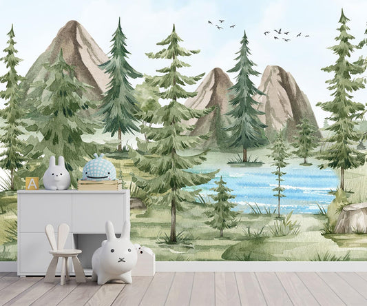 -Watercolor Green Pine Mural Cartoon Forest Fabric Wallpaper Children's Room 140" x 91"(Not Peel and Stick)