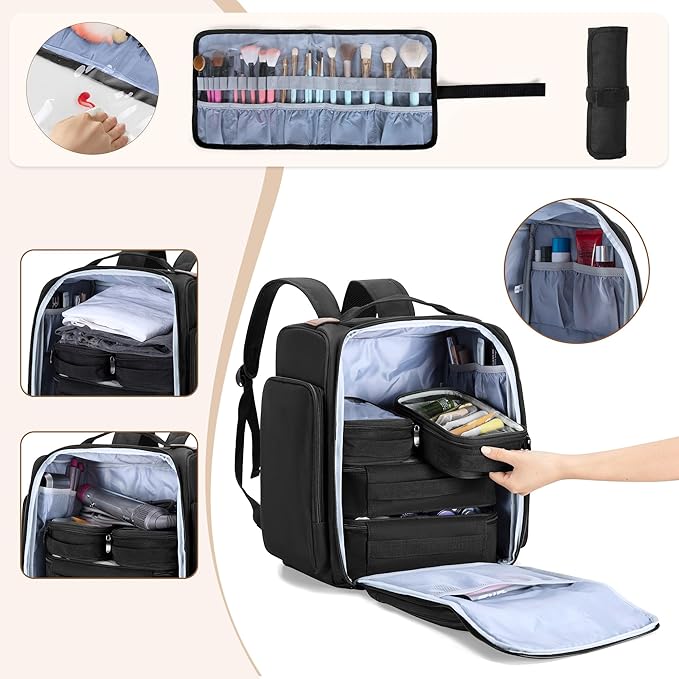 BAFASO Makeup Backpack with 4 Removable Pouches & 1 Brush Bag, Travel Makeup Case with Multiple Storage Spaces for Hair Supplies, Black