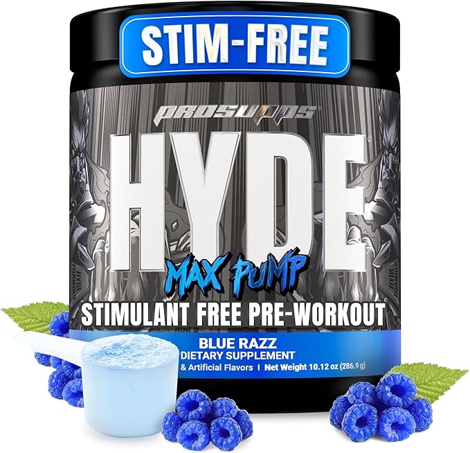 PROSUPPS Mr. Hyde Max Pump Pre Workout Powder - Stim-Free Preworkout Supports Blood Flow, Muscle Volume & Endurance - Caffeine-Free Nitric Oxide Gym & Fitness Supplements (Blue Razz, 20 Servings)