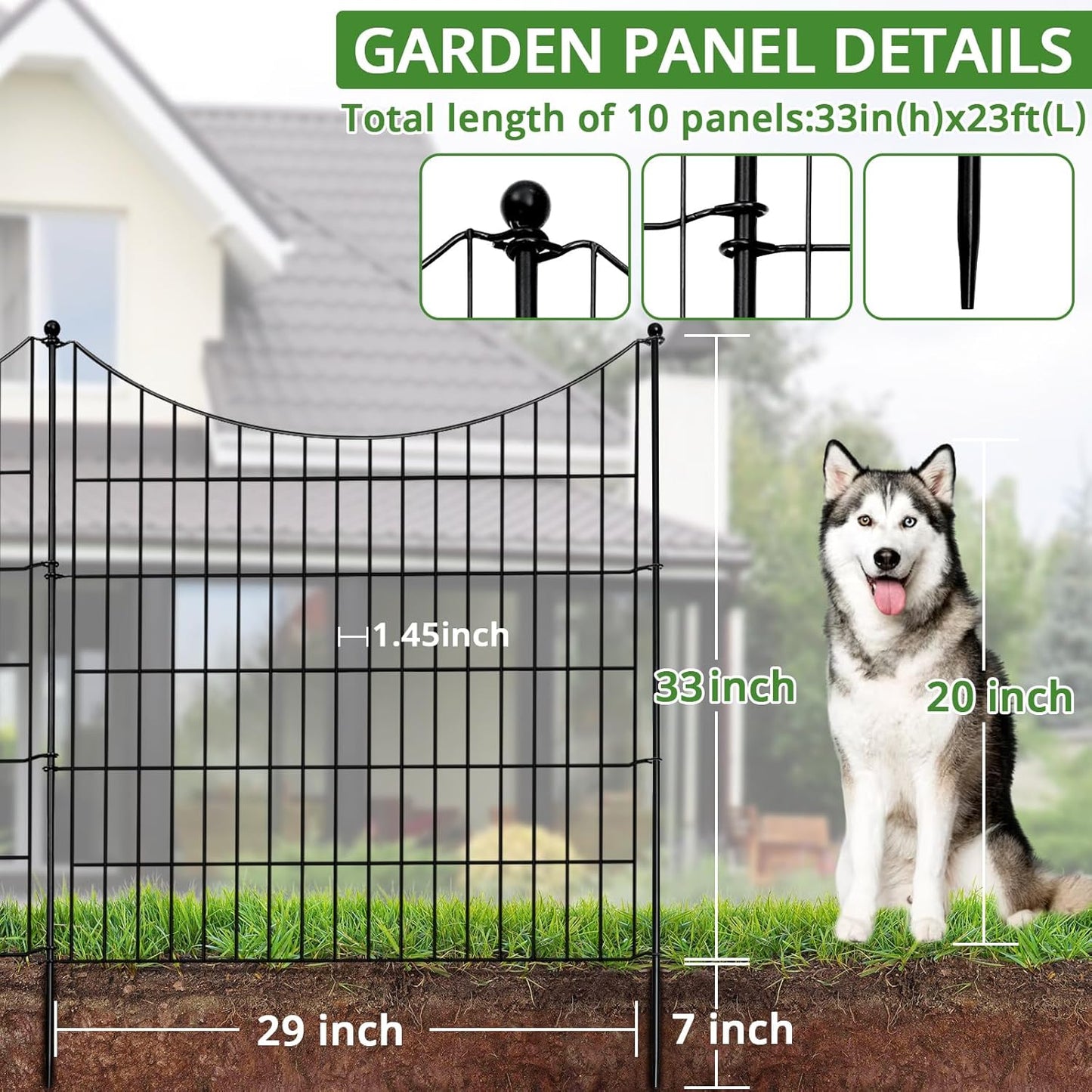 10 Panels No Dig Decorative Garden Fence for Yard, 32 in(H) X 24 ft(L) Rustproof Metal Wire Animal Barrier Fence for Dogs, Rabbits, Landscape Edging, and Patio with 11 Temporary Fencing Stakes