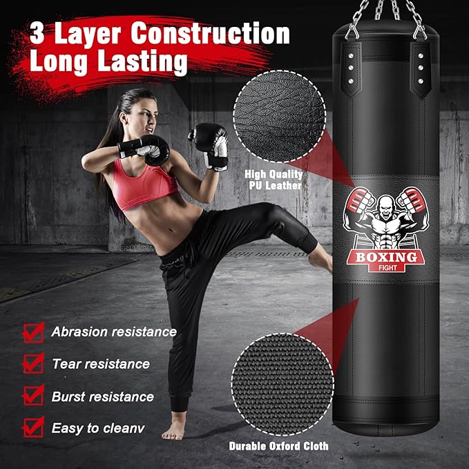 Hanging Punching Bag for Adults, 4ft PU Leather Heavy Boxing Bag Set, Hanging Bag Boxing Equipment for MMA Karate Kickboxing Boxing Home Gym, Unfilled