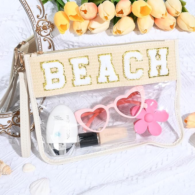 BEACH Bag BEACH Sunscreen Makeup Bag Chenille Letter Pouch Clear Travel Zipper Nylon Cosmetic Pouch Organizer Sunscreen Toiletry Bag Waterproof Summer Travel Gifts for Women