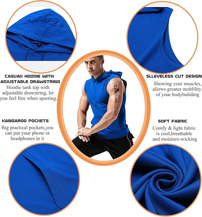 Babioboa Men's Workout Hooded Tank Tops Sleeveless Gym Hoodies Bodybuilding Muscle Cut Off T-Shirts