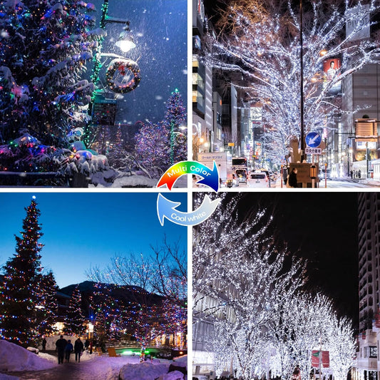 (Cool White ⇋ Multicolor) Solar Christmas String Lights Outdoor, 2-Pack 80FT 200 LED Waterproof Silver Wire, Solar Twinkle Lights with 8 Modes Solar Fairy Light for Tree Garden Wedding Christmas Decor