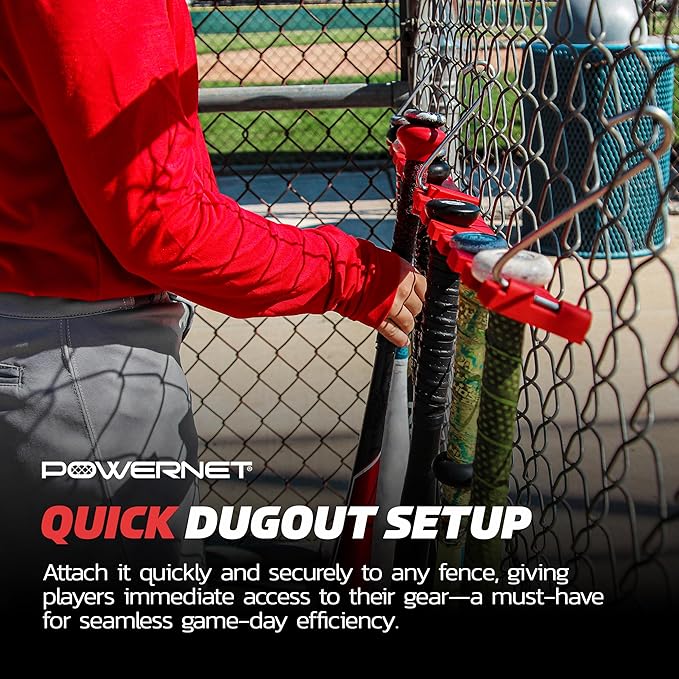 PowerNet Dugout Organizers, Softball & Baseball Bat Fence Rack, Multi-Clip Gear Hanger, Two Fence Hooks or Dugout Bundle, Baseball Coaching Accessories, Baseball Equipment Dugout Organizer with Hooks