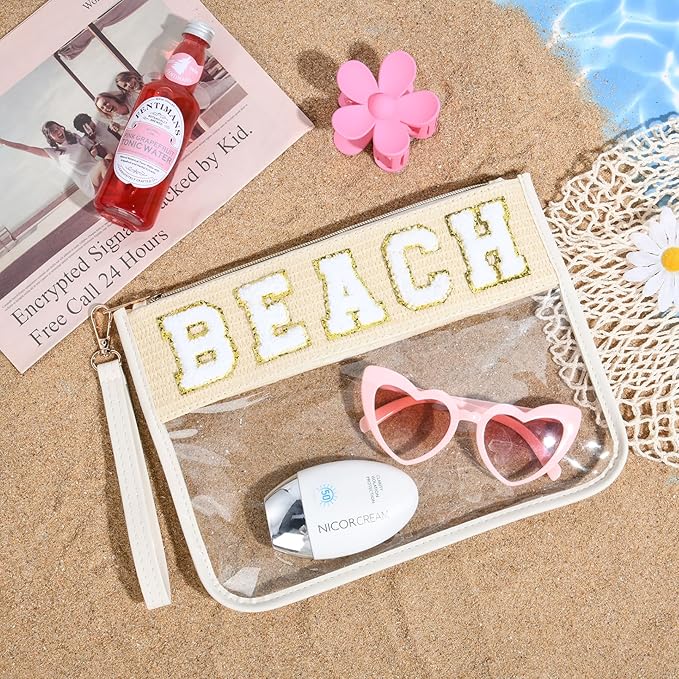 BEACH Bag BEACH Sunscreen Makeup Bag Chenille Letter Pouch Clear Travel Zipper Nylon Cosmetic Pouch Organizer Sunscreen Toiletry Bag Waterproof Summer Travel Gifts for Women