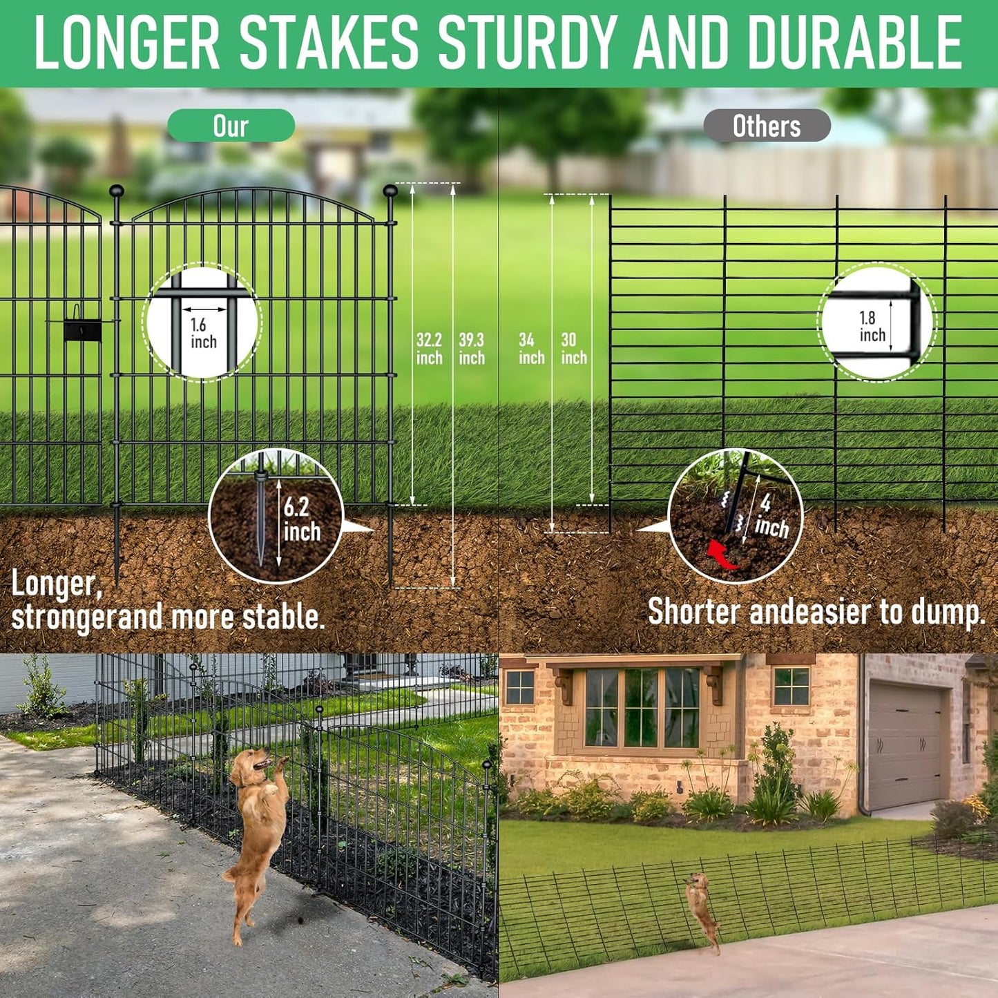 10 Panels Garden Fence Dog Fence Outdoor for Yard, 32in H x 23.6ft L Rustproof Metal Fencing with Ground Stakes | No Dig Animal Proof Containment for Pets/Rabbits | Durable Patio Security Panels
